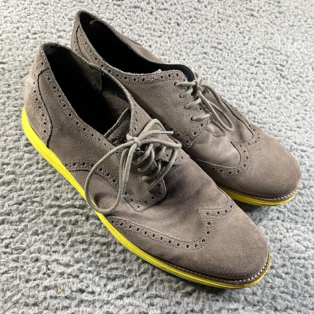 Cole Haan Lunargrand Wingtip Oxford Grey Suede Volt Yellow Soles C10226 Men’s 13